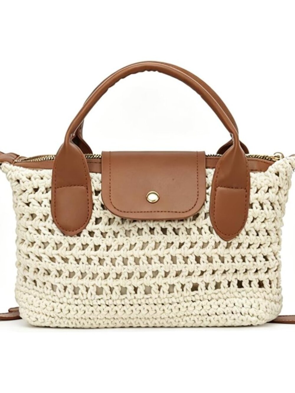 Crochet Tote Bag for Women Mini Boho Handbag Leather Trim Crossbody Purse Casual